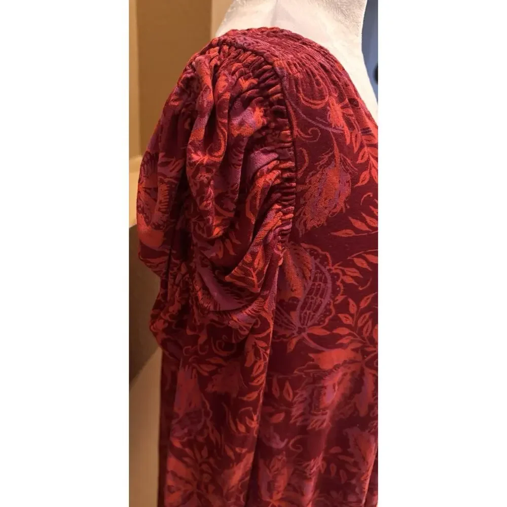 Free People Hello Lover Tunic Top Womens S Red Floral Long Sleeve Puff Shoulder